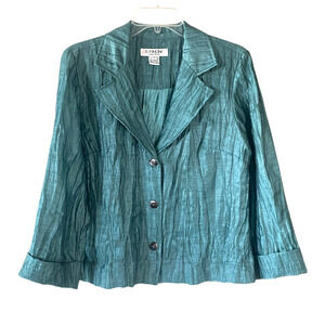 CITRON SANTA MONICA Women's Size Small Teal Linen Blend Crinkle Blazer Jacket